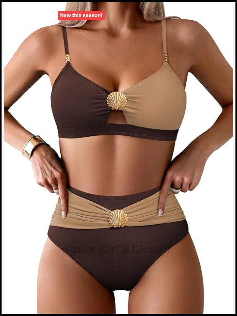 Seashell Cutout High Waist Bikini Set Tummy Control V-Neck Padded